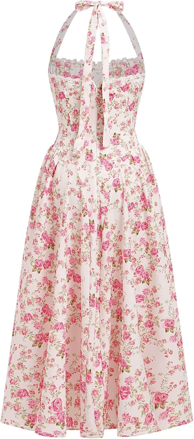 OBEEII Women Floral Corset Dress Halter Neck Low Cut Bustier Midi Dress Flowy Pleated Hem Summer Sundress with Pockets
