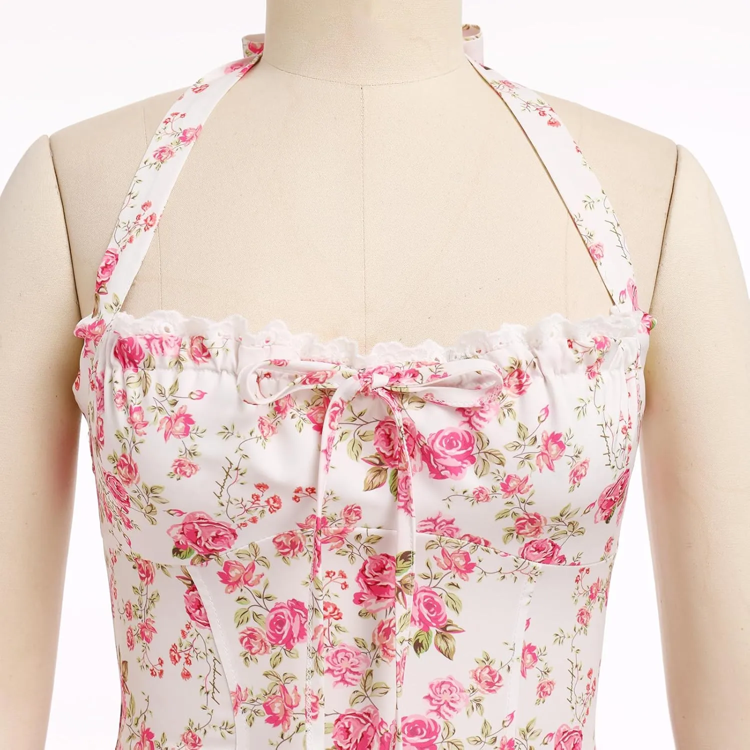 OBEEII Women Floral Corset Dress Halter Neck Low Cut Bustier Midi Dress Flowy Pleated Hem Summer Sundress with Pockets