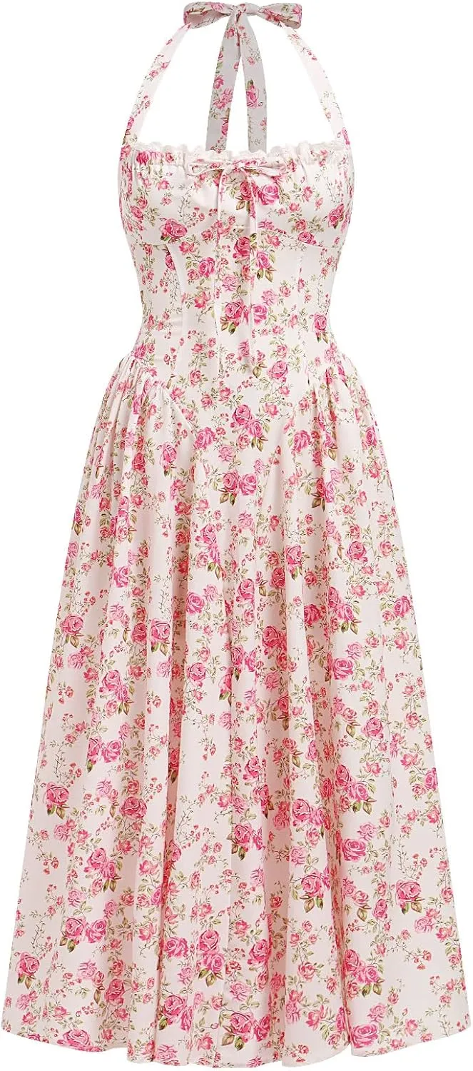 OBEEII Women Floral Corset Dress Halter Neck Low Cut Bustier Midi Dress Flowy Pleated Hem Summer Sundress with Pockets