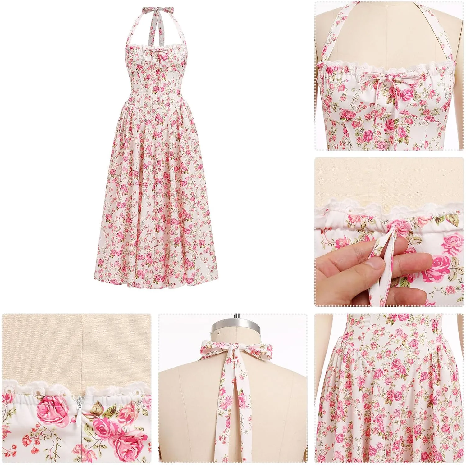 OBEEII Women Floral Corset Dress Halter Neck Low Cut Bustier Midi Dress Flowy Pleated Hem Summer Sundress with Pockets