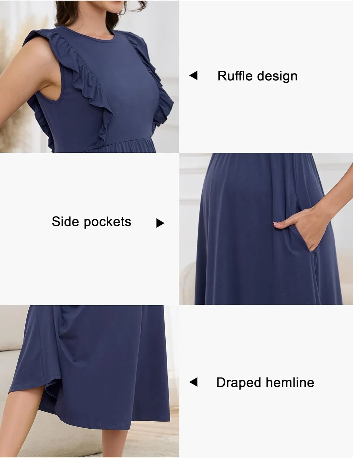 OUGES Womens 2025 Spring Hidden Zipper Nurisng Dress for Breastfeeding Casual Sleeveless Ruffled Midi Maternity Dress
