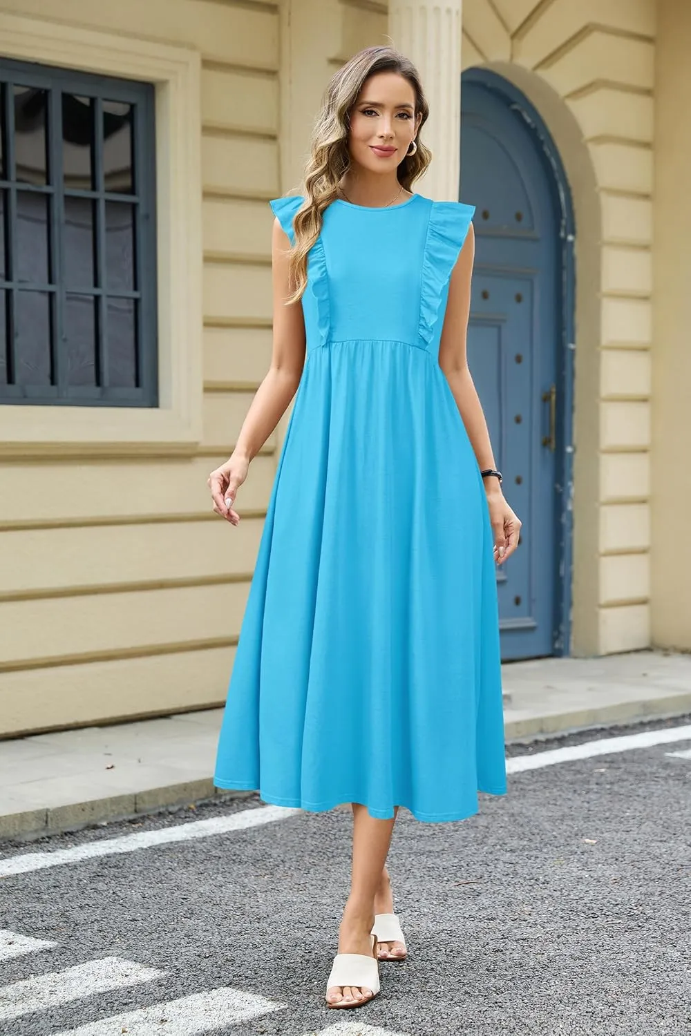 OUGES Womens 2025 Spring Hidden Zipper Nurisng Dress for Breastfeeding Casual Sleeveless Ruffled Midi Maternity Dress