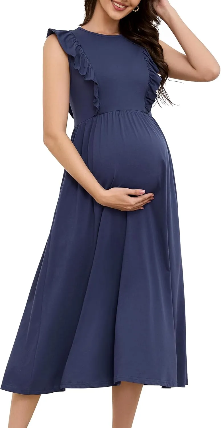 OUGES Womens 2025 Spring Hidden Zipper Nurisng Dress for Breastfeeding Casual Sleeveless Ruffled Midi Maternity Dress
