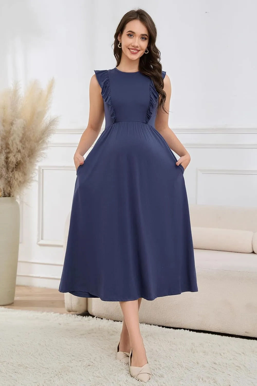 OUGES Womens 2025 Spring Hidden Zipper Nurisng Dress for Breastfeeding Casual Sleeveless Ruffled Midi Maternity Dress