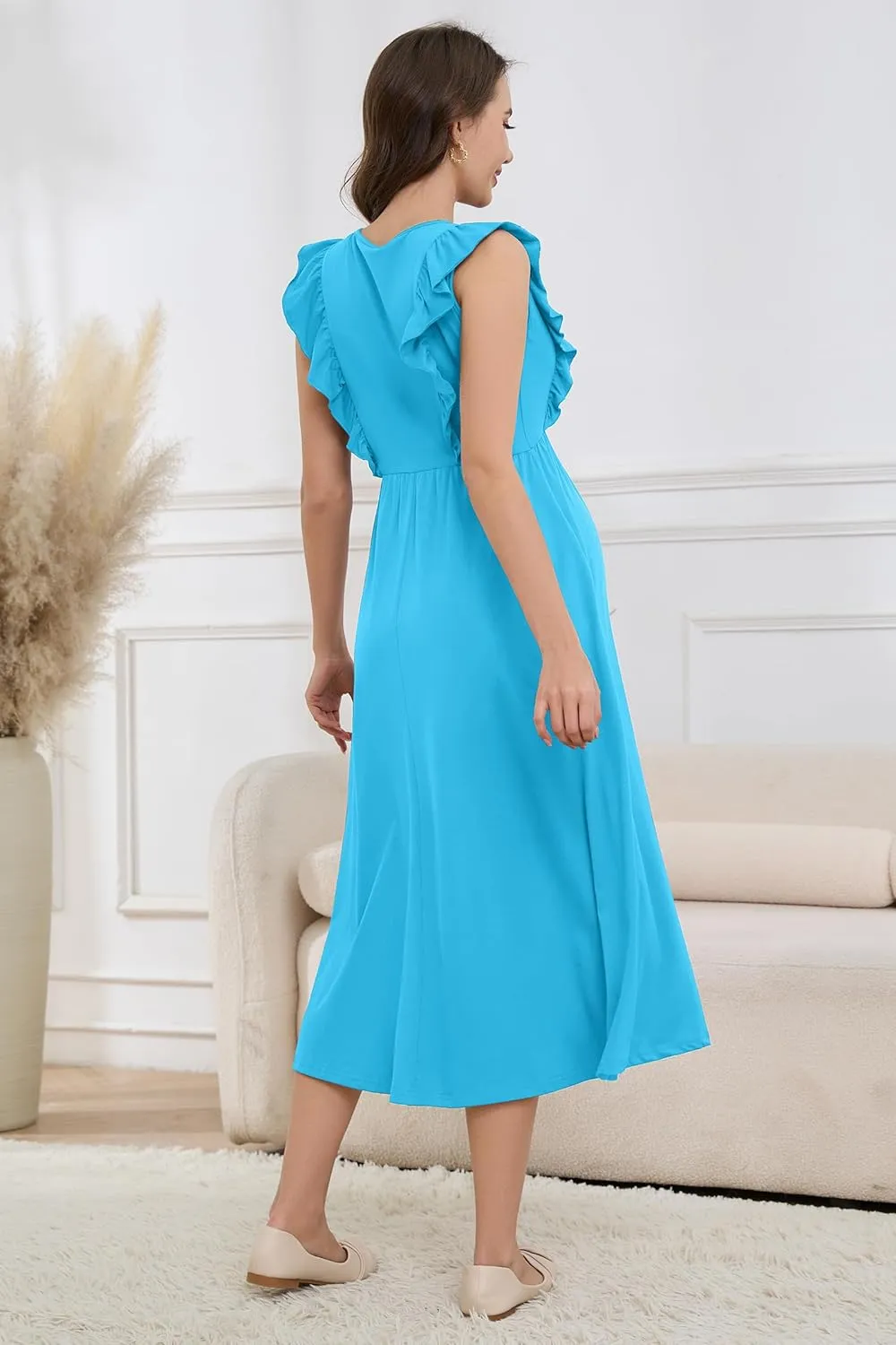 OUGES Womens 2025 Spring Hidden Zipper Nurisng Dress for Breastfeeding Casual Sleeveless Ruffled Midi Maternity Dress