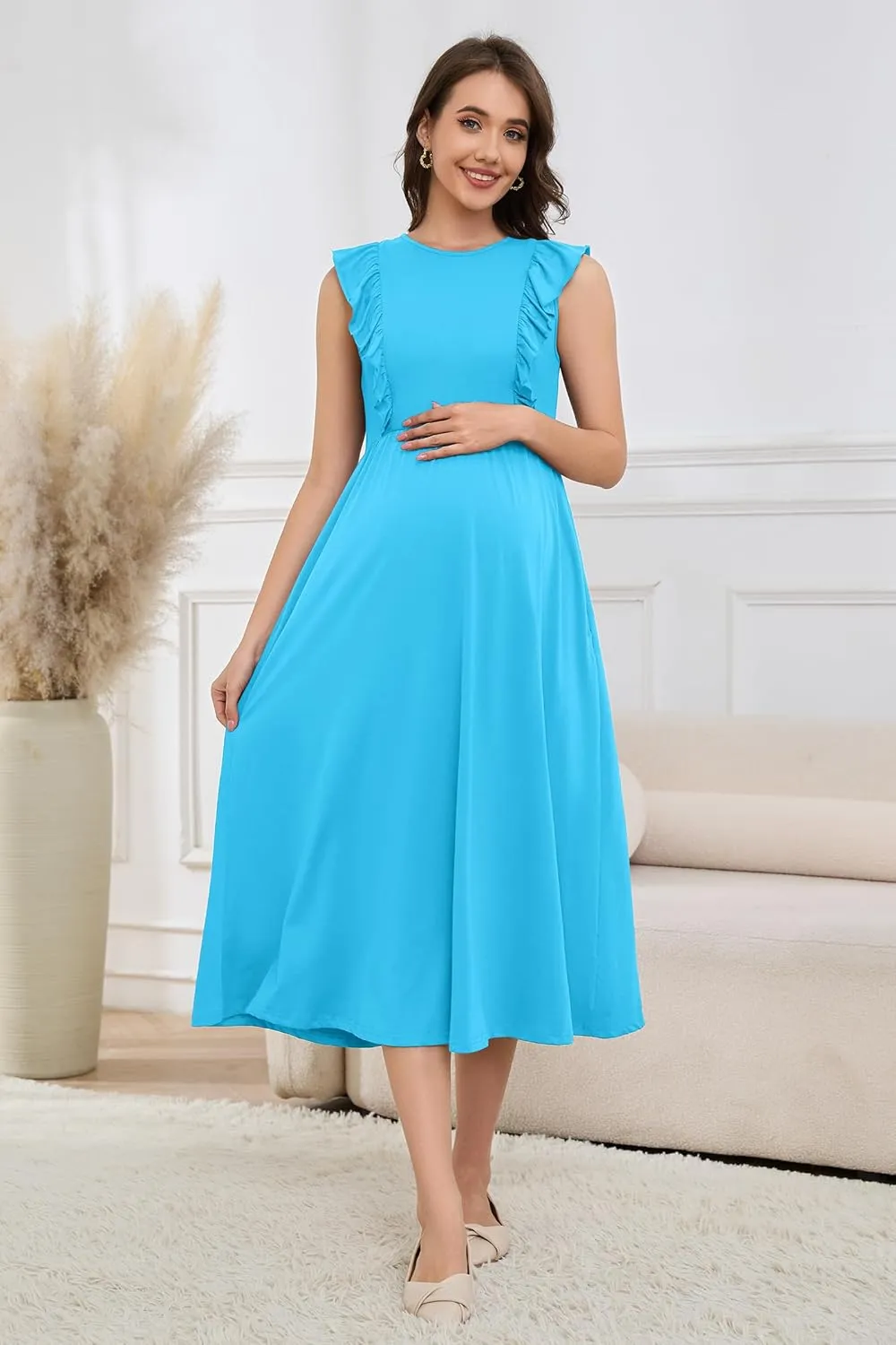 OUGES Womens 2025 Spring Hidden Zipper Nurisng Dress for Breastfeeding Casual Sleeveless Ruffled Midi Maternity Dress