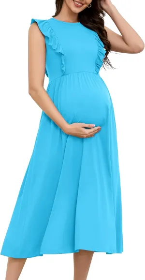 OUGES Womens 2025 Spring Hidden Zipper Nurisng Dress for Breastfeeding Casual Sleeveless Ruffled Midi Maternity Dress
