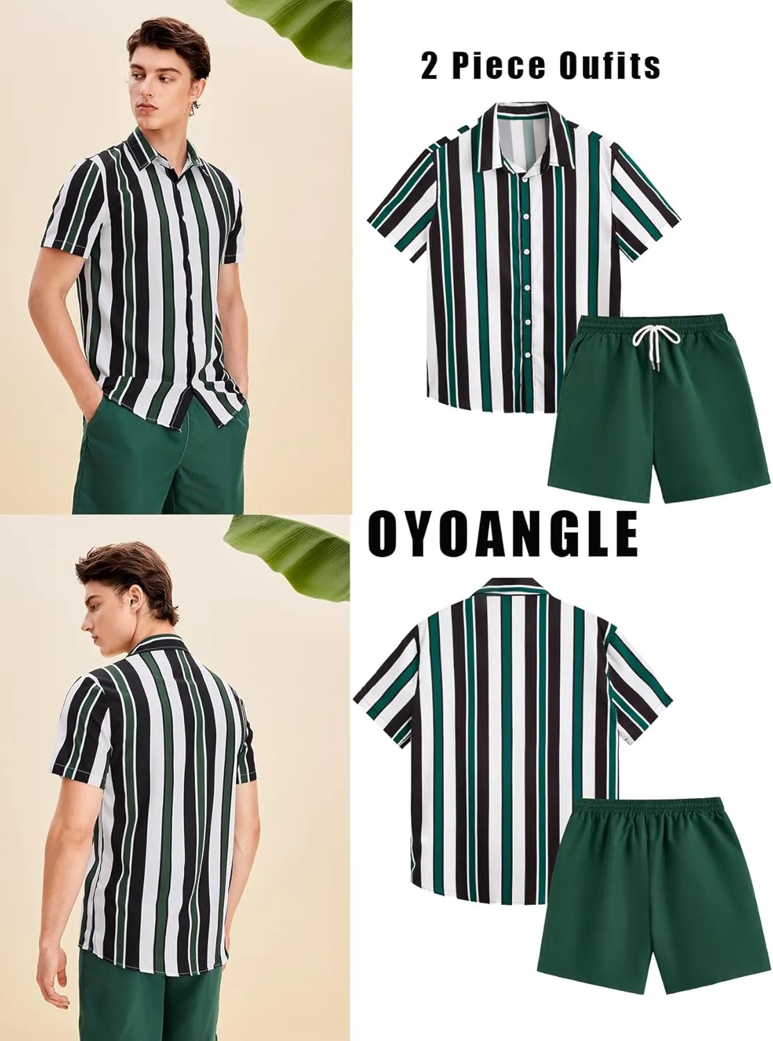 OYOANGLE Men's 2 Piece Outfits Tropical Print Striped Short Sleeve Button Down Hawaiian Shirt and Shorts Sets