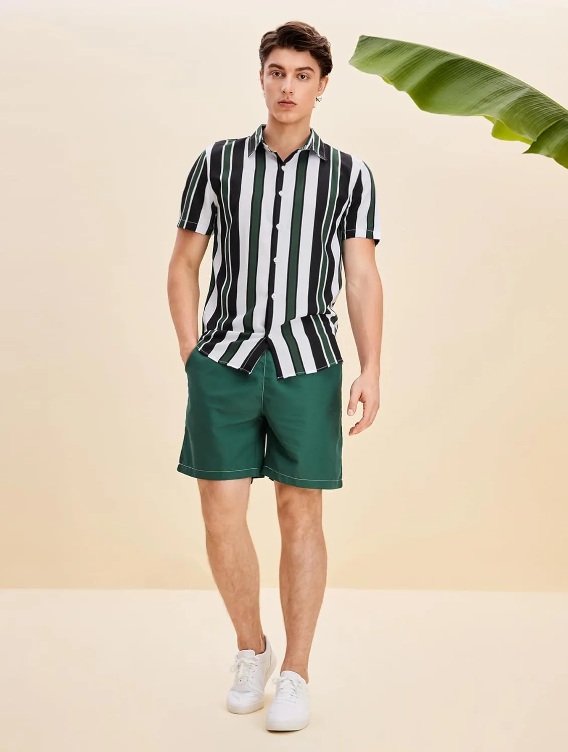 OYOANGLE Men's 2 Piece Outfits Tropical Print Striped Short Sleeve Button Down Hawaiian Shirt and Shorts Sets