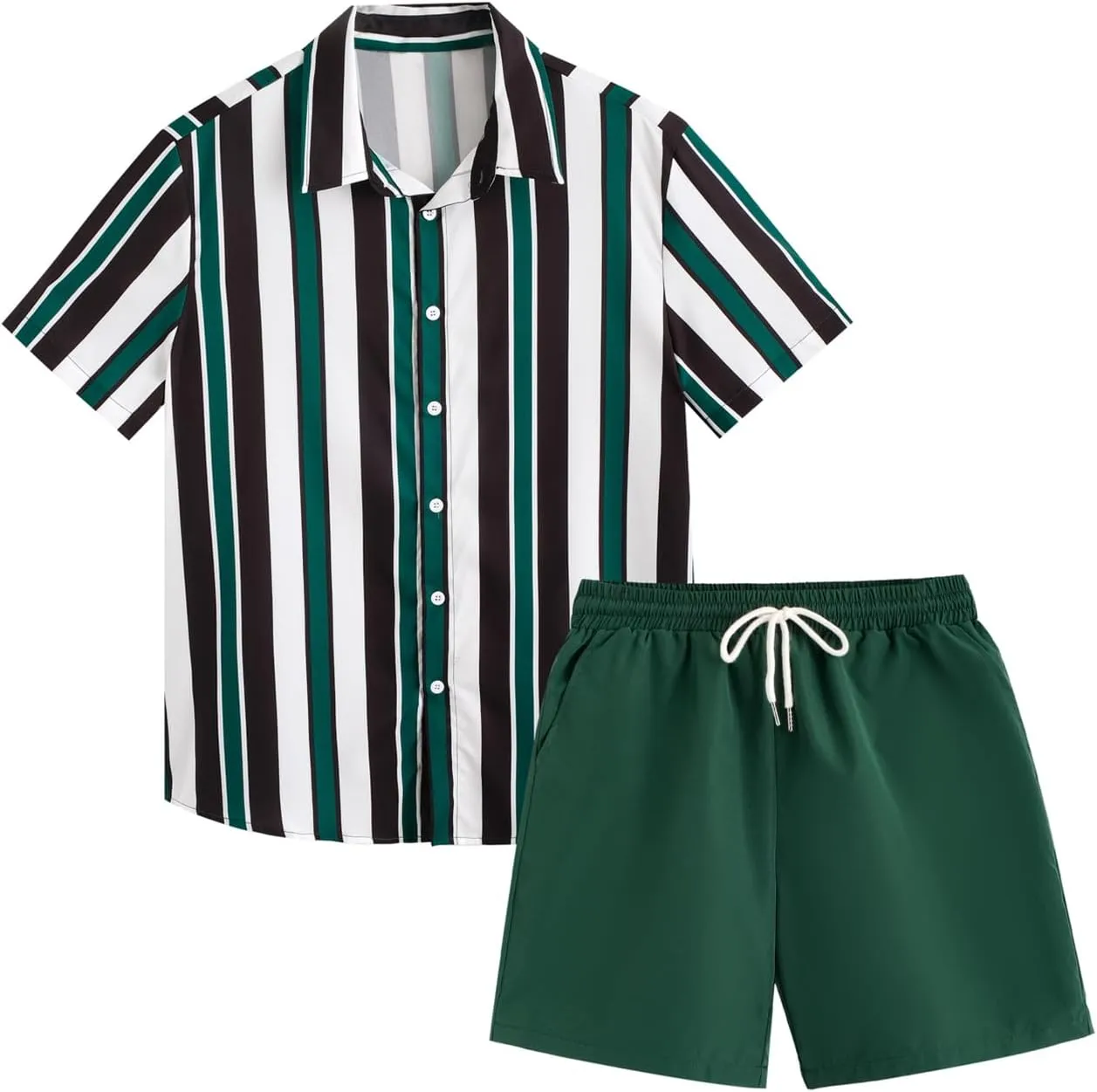 OYOANGLE Men's 2 Piece Outfits Tropical Print Striped Short Sleeve Button Down Hawaiian Shirt and Shorts Sets