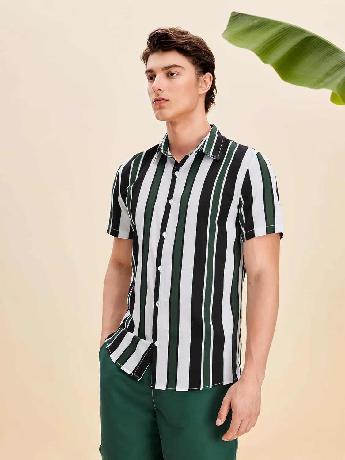 OYOANGLE Men's 2 Piece Outfits Tropical Print Striped Short Sleeve Button Down Hawaiian Shirt and Shorts Sets