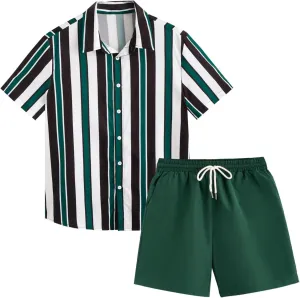 OYOANGLE Men's 2 Piece Outfits Tropical Print Striped Short Sleeve Button Down Hawaiian Shirt and Shorts Sets