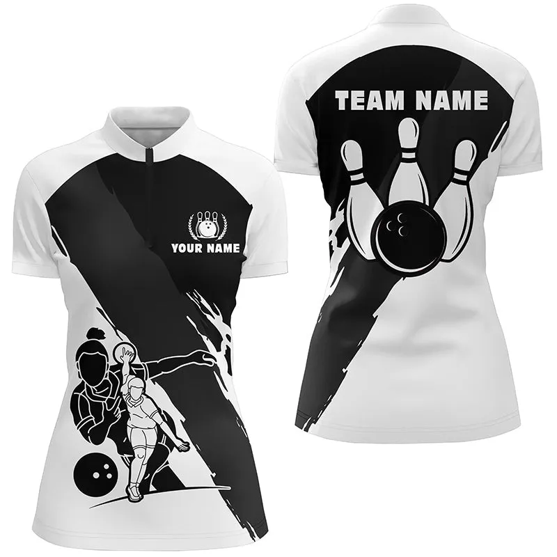 Personalized 3D Bowling Shirts For Women, Custom Black White Sleeveless Polo Bowling Shirt For Girls