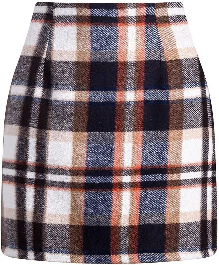 Plaid Mini Skirt for Women High Waist A Line Bodycon Pencil Fall Skirts Comfy Wool Mini Skirts Sexy Plaid Skirt