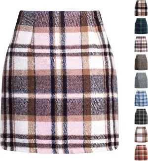 Plaid Mini Skirt for Women High Waist A Line Bodycon Pencil Fall Skirts Comfy Wool Mini Skirts Sexy Plaid Skirt