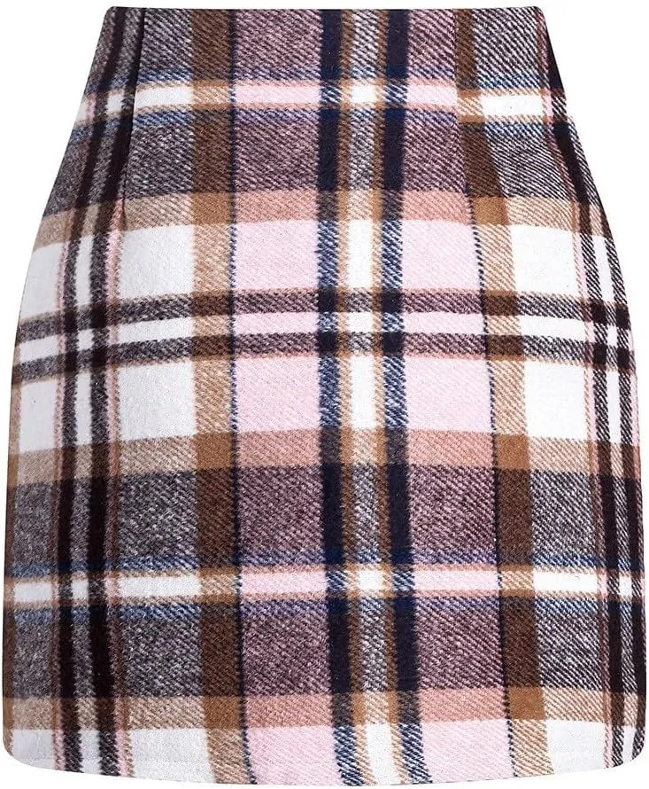 Plaid Mini Skirt for Women High Waist A Line Bodycon Pencil Fall Skirts Comfy Wool Mini Skirts Sexy Plaid Skirt