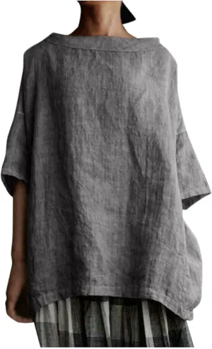 Plus Size Linen Shirts for Women Crewneck 3/4 Sleeve Womens Tops Summer Blouse Casual Tee Shirt Loose Fit Tunic Tshirt
