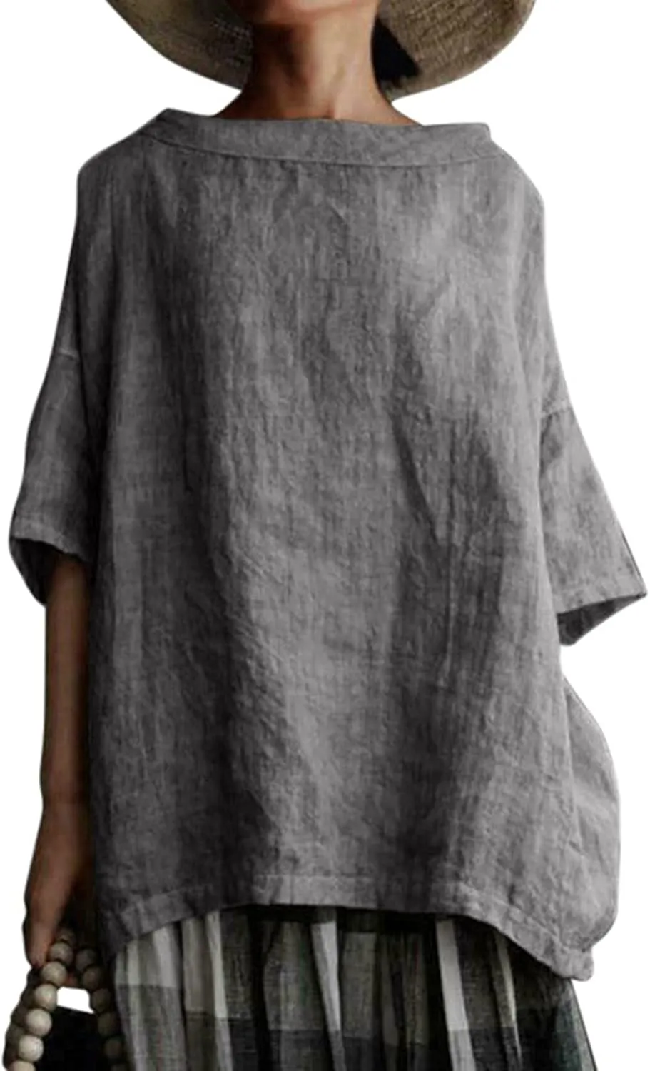Plus Size Linen Shirts for Women Crewneck 3/4 Sleeve Womens Tops Summer Blouse Casual Tee Shirt Loose Fit Tunic Tshirt