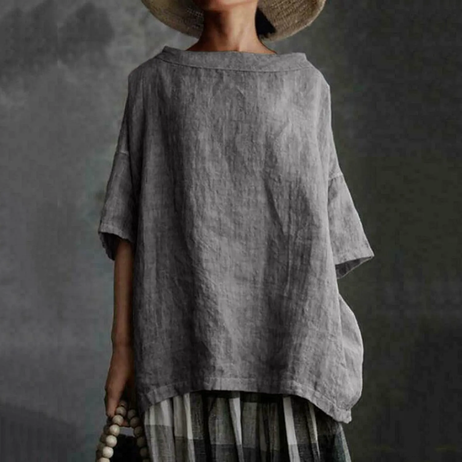 Plus Size Linen Shirts for Women Crewneck 3/4 Sleeve Womens Tops Summer Blouse Casual Tee Shirt Loose Fit Tunic Tshirt