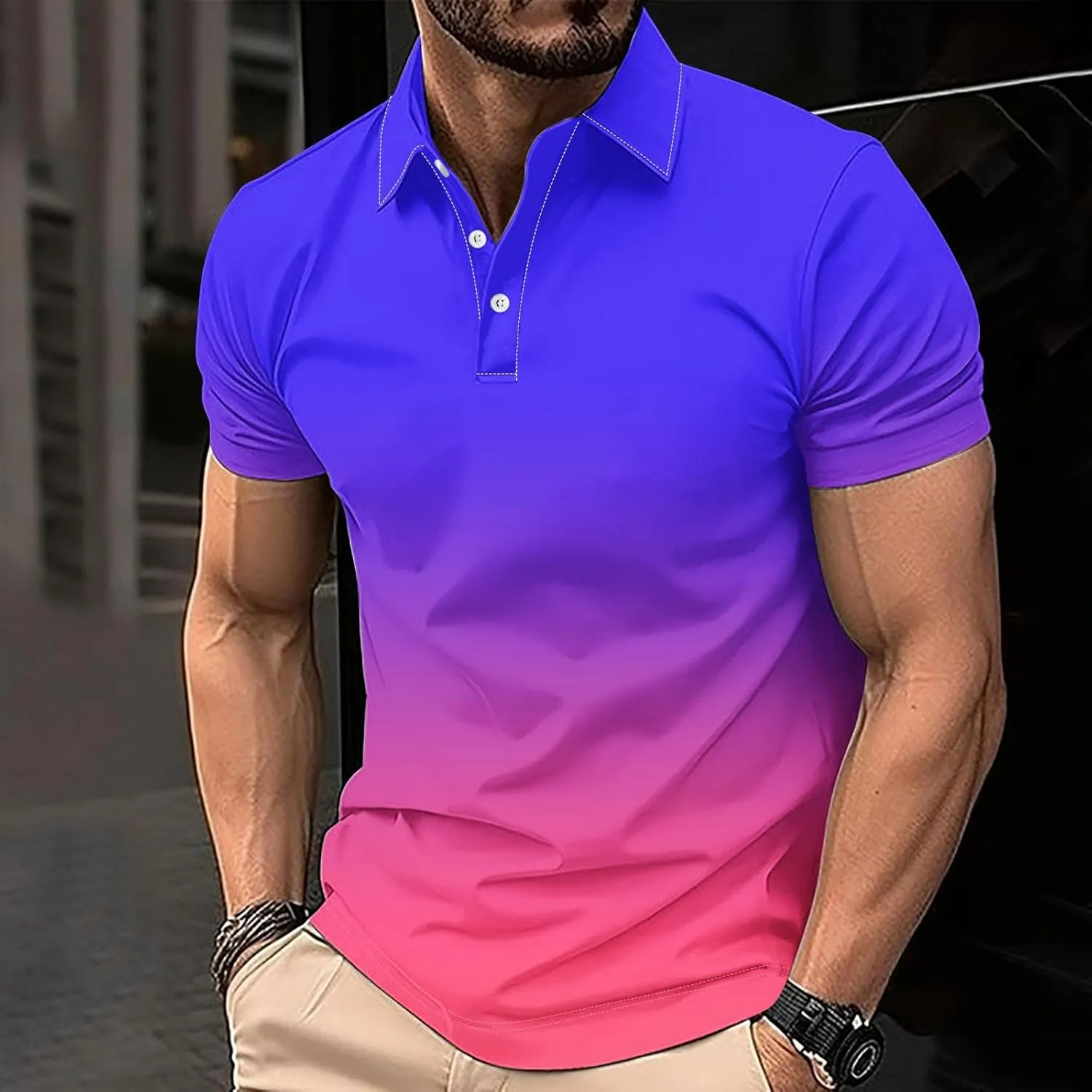 Polo Shirts for Men Short Sleeve Button Down Collar Gradient Tees Dressy Casual Business Work Tshirt Summer Golf Tops