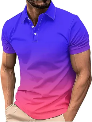 Polo Shirts for Men Short Sleeve Button Down Collar Gradient Tees Dressy Casual Business Work Tshirt Summer Golf Tops