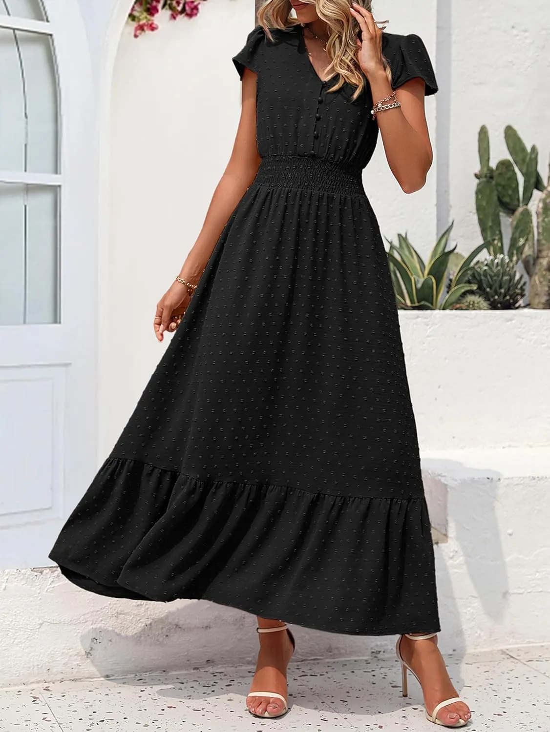 PRETTYGARDEN Womens Dresses 2025 Summer Maxi Dress Boho Short Sleeve V Neck Swiss Dot Ruffle Tiered Smocked Flowy Long Dress