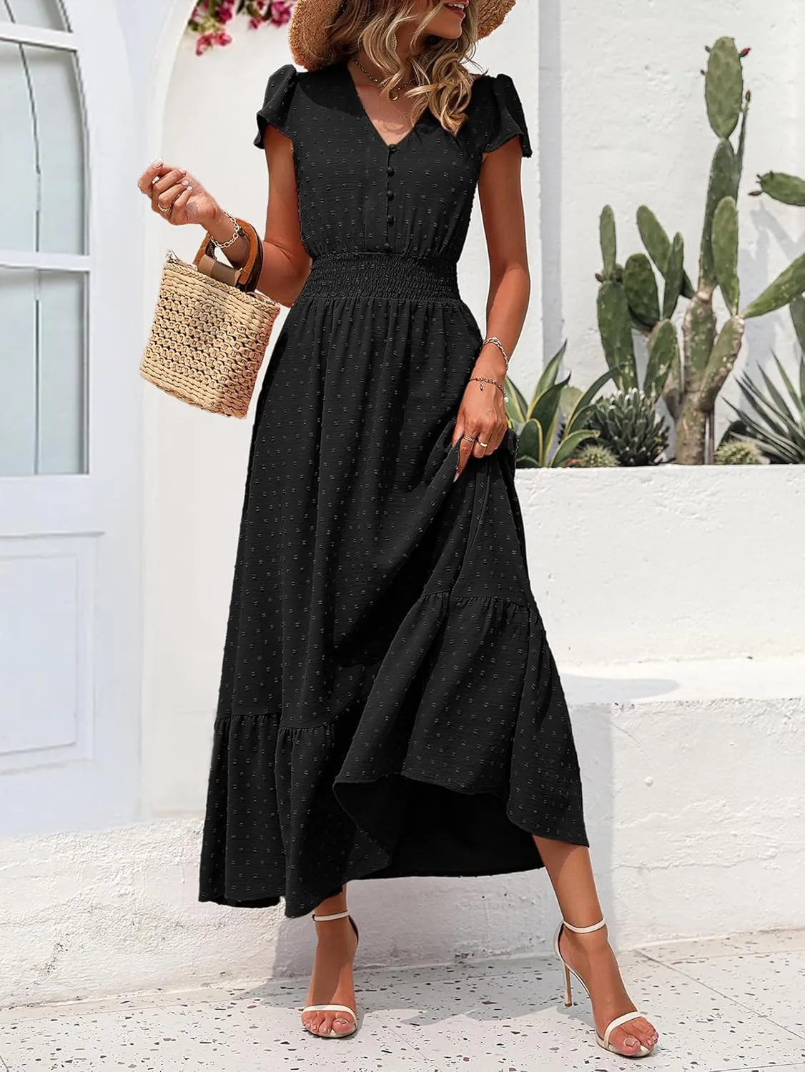 PRETTYGARDEN Womens Dresses 2025 Summer Maxi Dress Boho Short Sleeve V Neck Swiss Dot Ruffle Tiered Smocked Flowy Long Dress