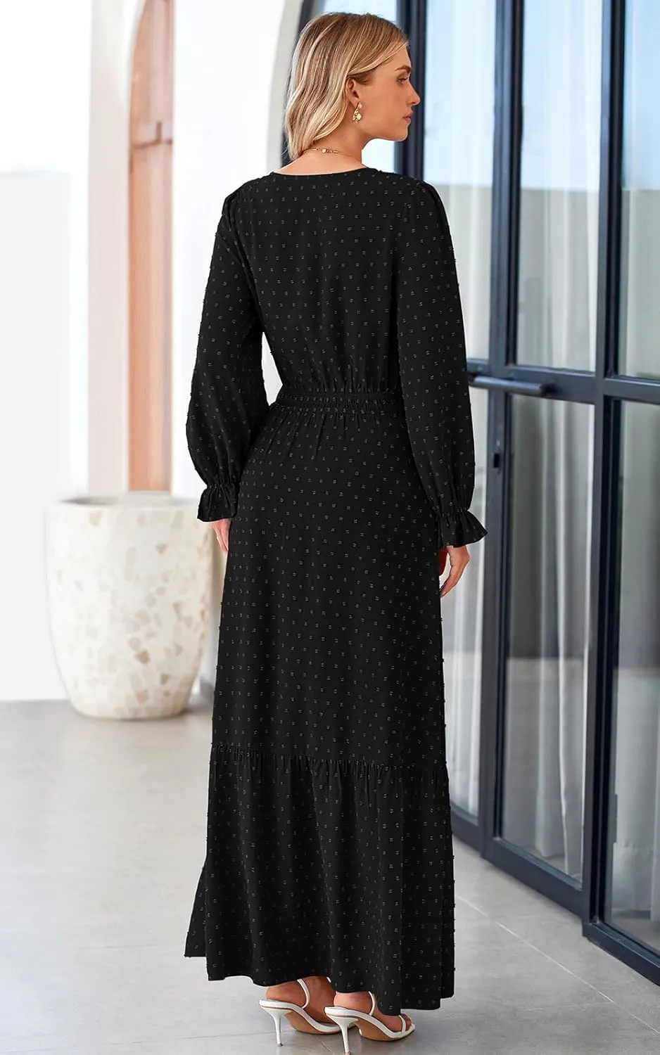 PRETTYGARDEN Women's Fall Maxi Dress 2024 V Neck Button Long Sleeve Swiss Dot High Waist Tiered Smocked Flowy Long Dresses