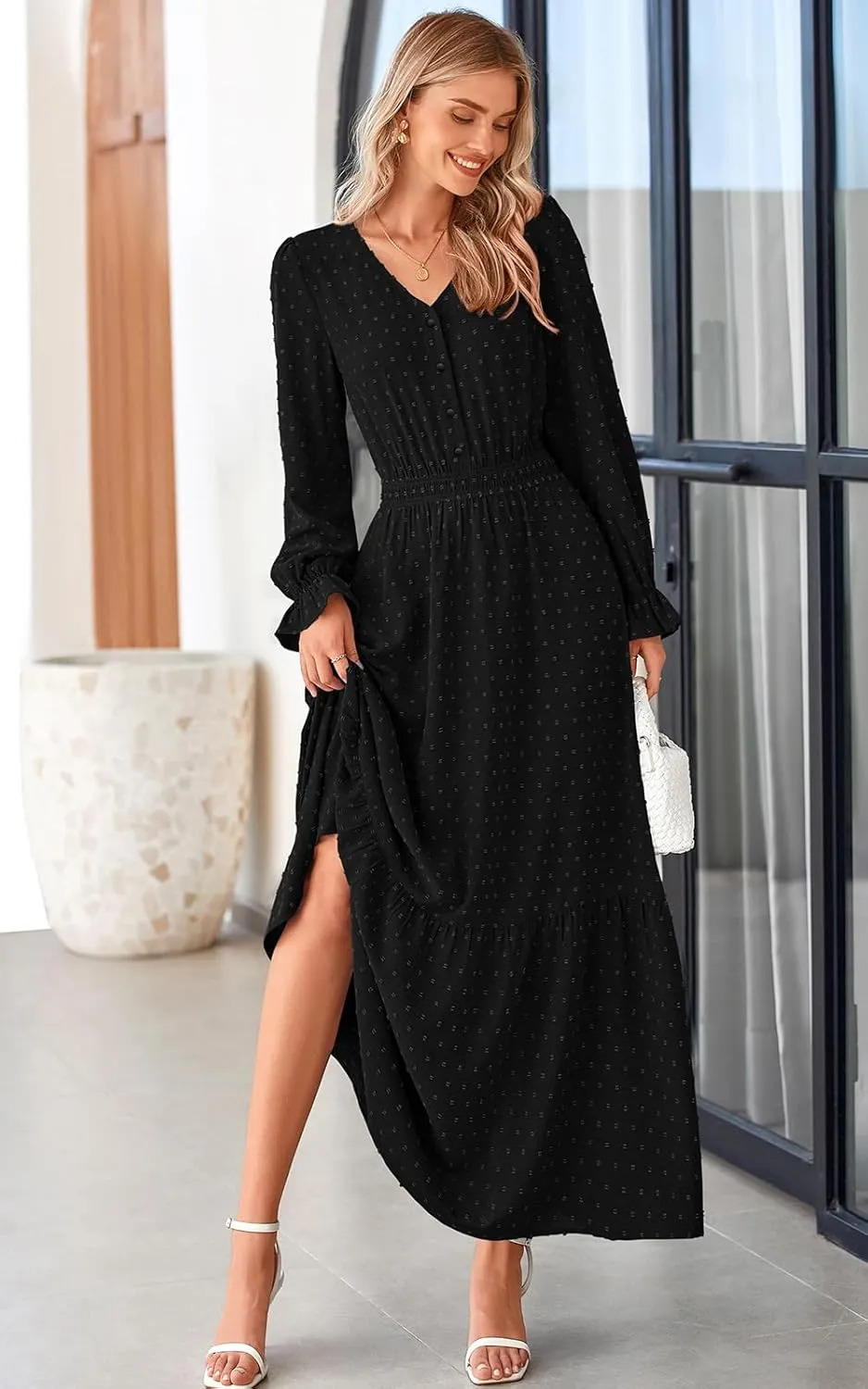 PRETTYGARDEN Women's Fall Maxi Dress 2024 V Neck Button Long Sleeve Swiss Dot High Waist Tiered Smocked Flowy Long Dresses