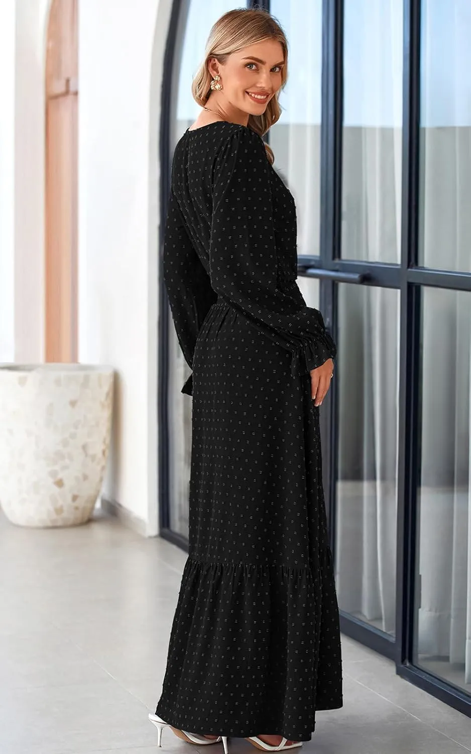 PRETTYGARDEN Women's Fall Maxi Dress 2024 V Neck Button Long Sleeve Swiss Dot High Waist Tiered Smocked Flowy Long Dresses
