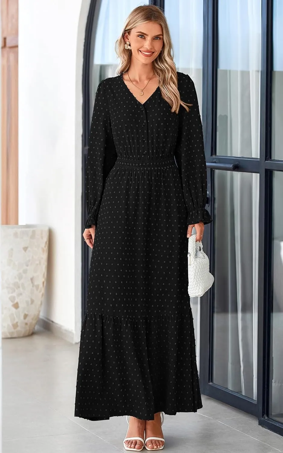 PRETTYGARDEN Women's Fall Maxi Dress 2024 V Neck Button Long Sleeve Swiss Dot High Waist Tiered Smocked Flowy Long Dresses