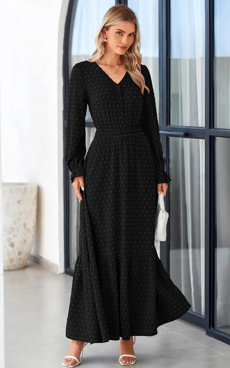 PRETTYGARDEN Women's Fall Maxi Dress 2024 V Neck Button Long Sleeve Swiss Dot High Waist Tiered Smocked Flowy Long Dresses