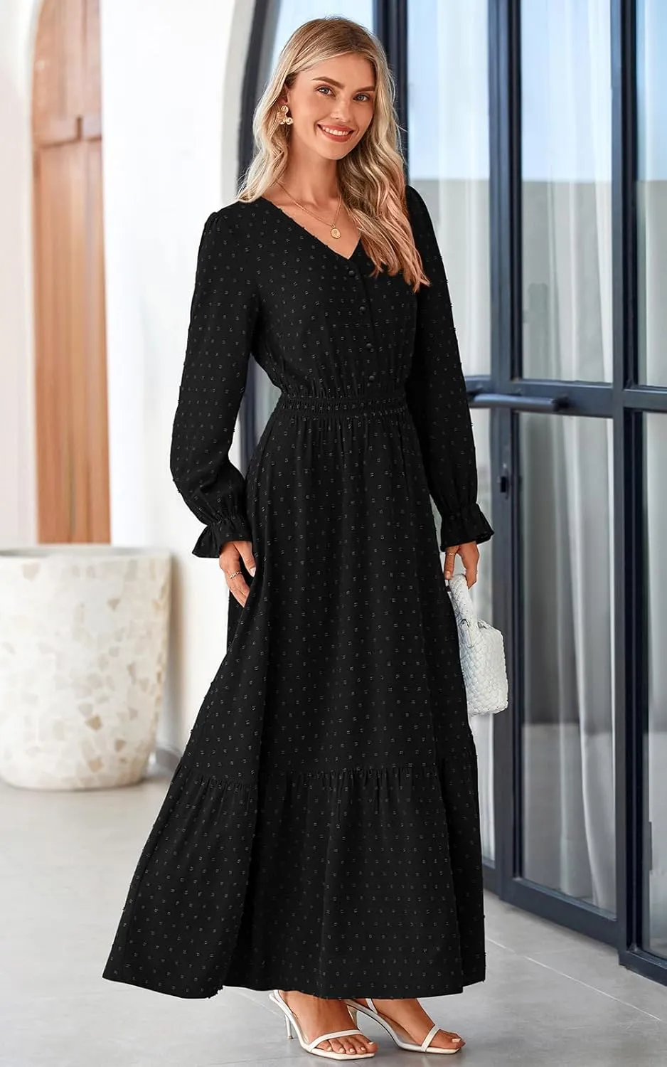 PRETTYGARDEN Women's Fall Maxi Dress 2024 V Neck Button Long Sleeve Swiss Dot High Waist Tiered Smocked Flowy Long Dresses