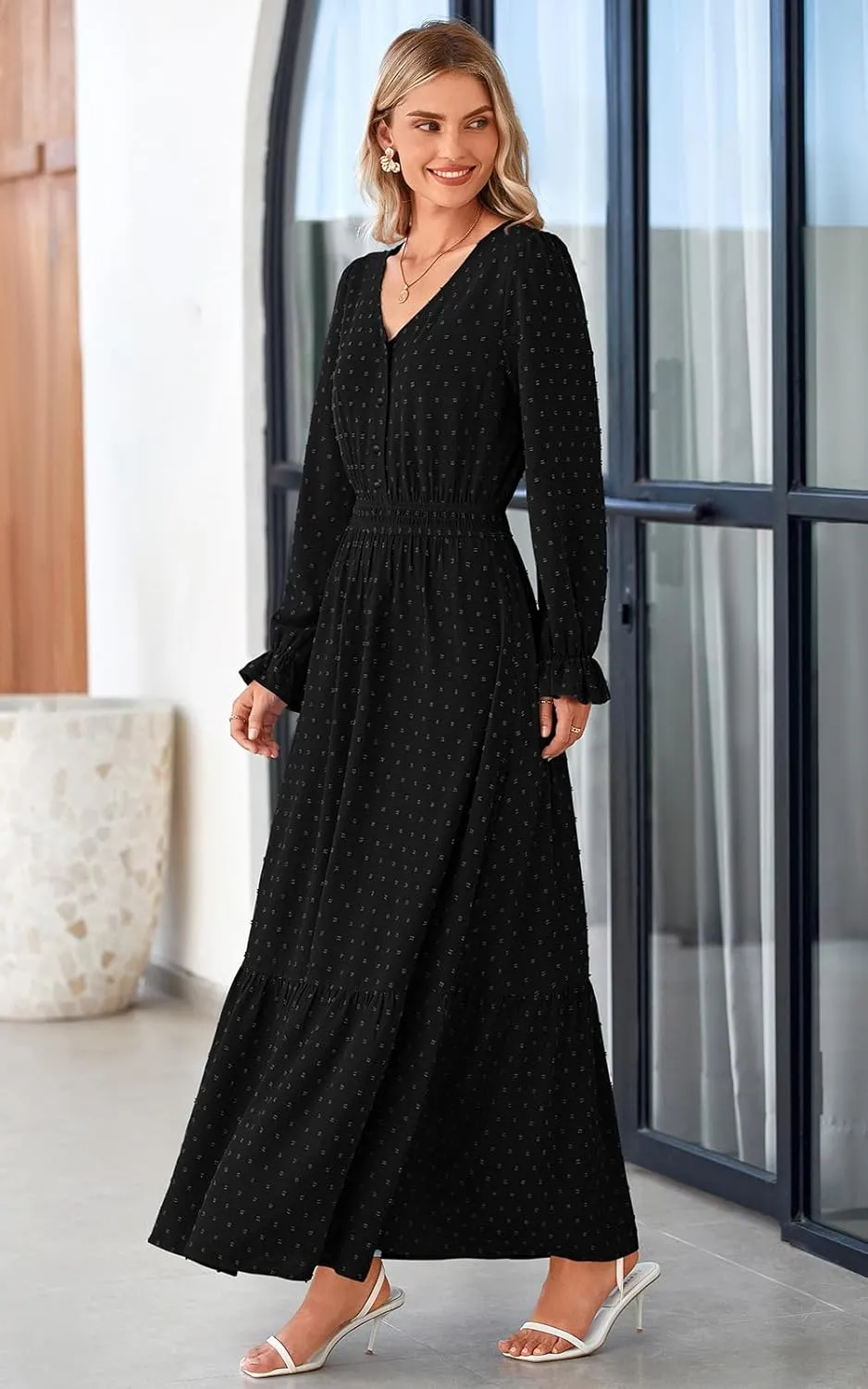 PRETTYGARDEN Women's Fall Maxi Dress 2024 V Neck Button Long Sleeve Swiss Dot High Waist Tiered Smocked Flowy Long Dresses