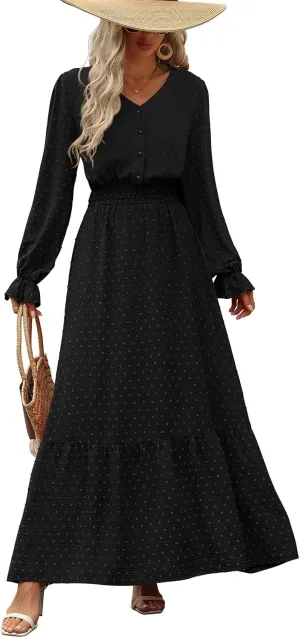 PRETTYGARDEN Women's Fall Maxi Dress 2024 V Neck Button Long Sleeve Swiss Dot High Waist Tiered Smocked Flowy Long Dresses
