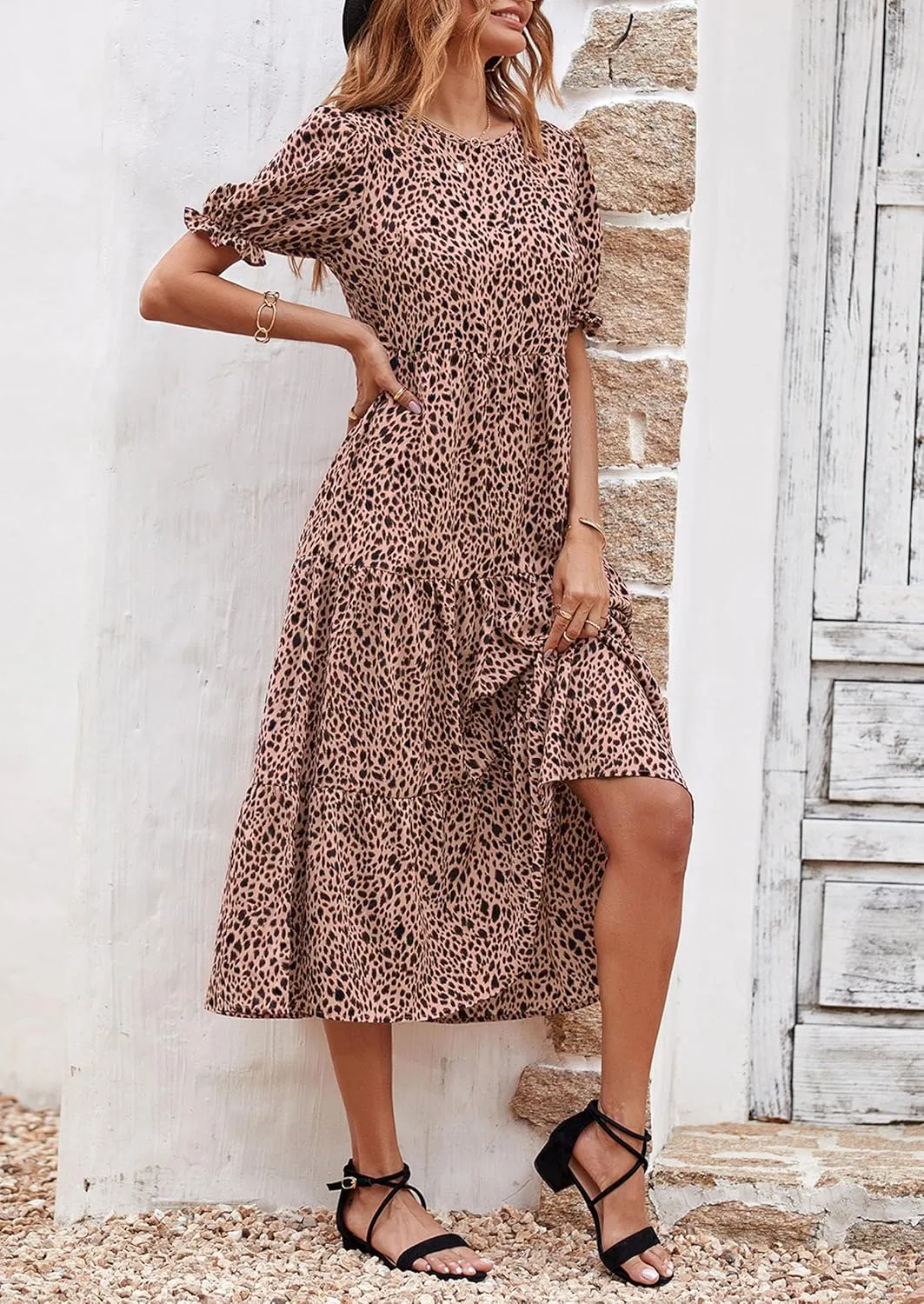 PRETTYGARDEN Women's Summer Casual Floral Boho Dress Puff Short Sleeve Ruffle Flowy Beach Party Midi Dresses