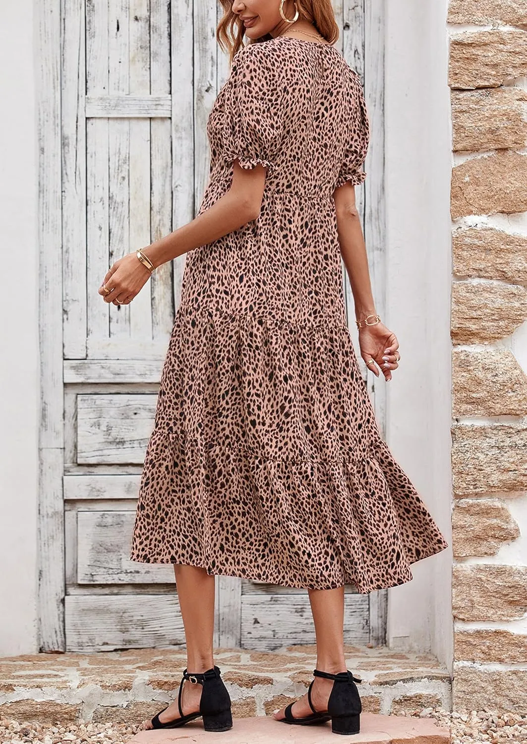 PRETTYGARDEN Women's Summer Casual Floral Boho Dress Puff Short Sleeve Ruffle Flowy Beach Party Midi Dresses