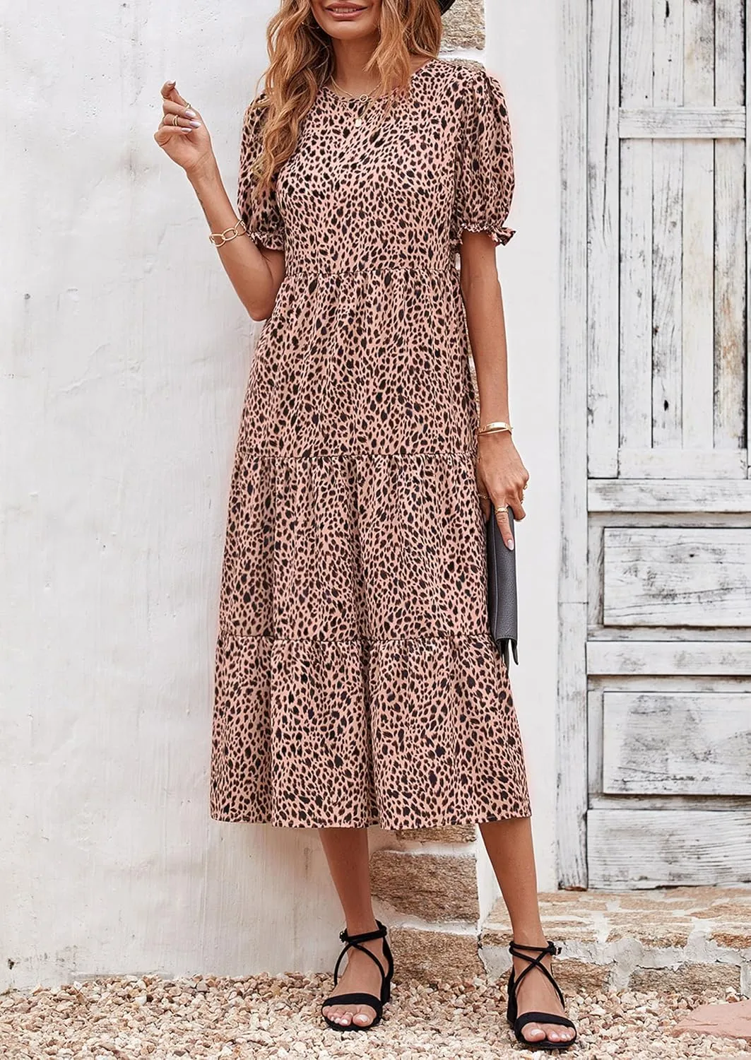 PRETTYGARDEN Women's Summer Casual Floral Boho Dress Puff Short Sleeve Ruffle Flowy Beach Party Midi Dresses
