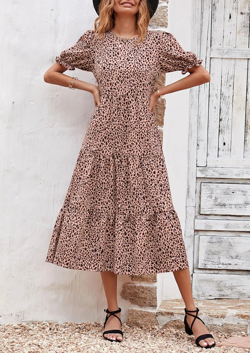 PRETTYGARDEN Women's Summer Casual Floral Boho Dress Puff Short Sleeve Ruffle Flowy Beach Party Midi Dresses