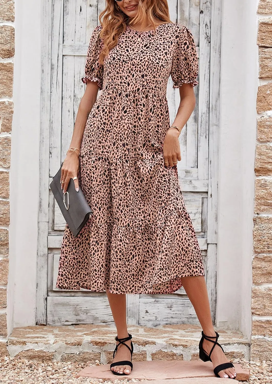 PRETTYGARDEN Women's Summer Casual Floral Boho Dress Puff Short Sleeve Ruffle Flowy Beach Party Midi Dresses