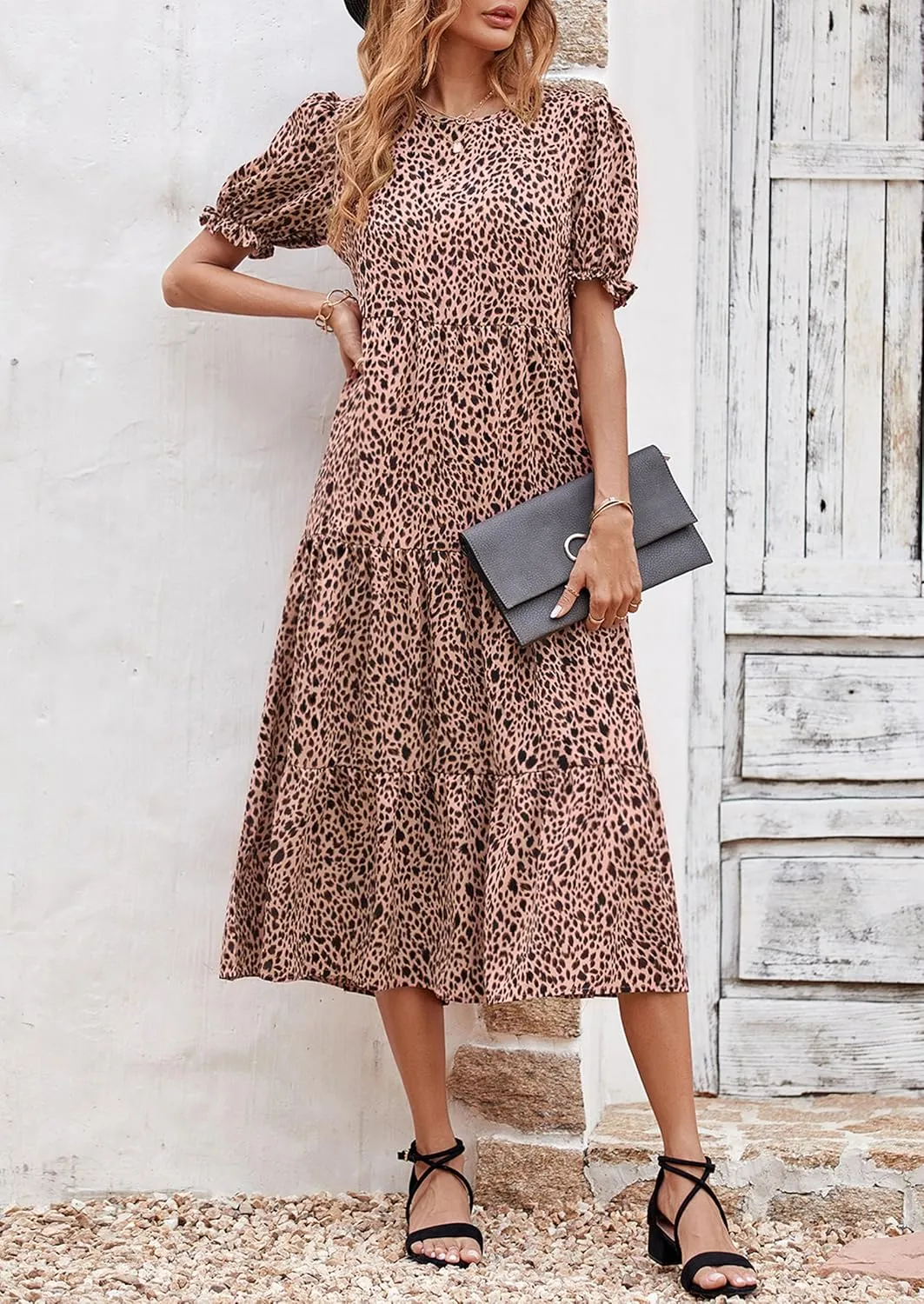 PRETTYGARDEN Women's Summer Casual Floral Boho Dress Puff Short Sleeve Ruffle Flowy Beach Party Midi Dresses