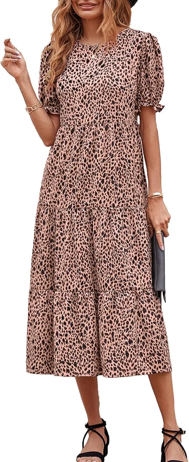 PRETTYGARDEN Women's Summer Casual Floral Boho Dress Puff Short Sleeve Ruffle Flowy Beach Party Midi Dresses