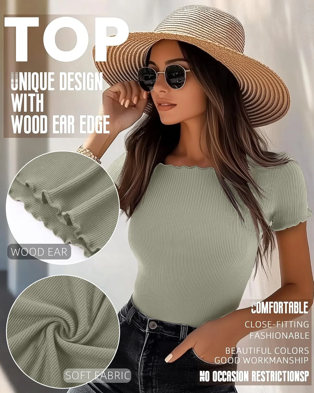 Riyiper 3 Pack Women's Lettuce Trim Boat Neck Tops Ribbed Short Sleeve T-Shirts Crop Slim Fit Summer Basic Tees Shirt