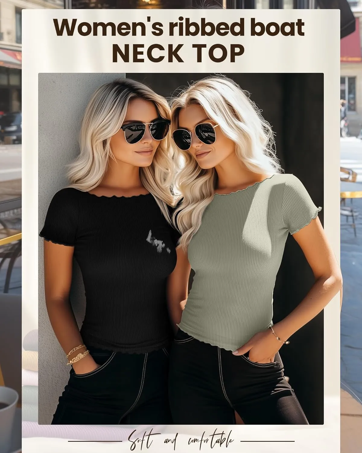 Riyiper 3 Pack Women's Lettuce Trim Boat Neck Tops Ribbed Short Sleeve T-Shirts Crop Slim Fit Summer Basic Tees Shirt