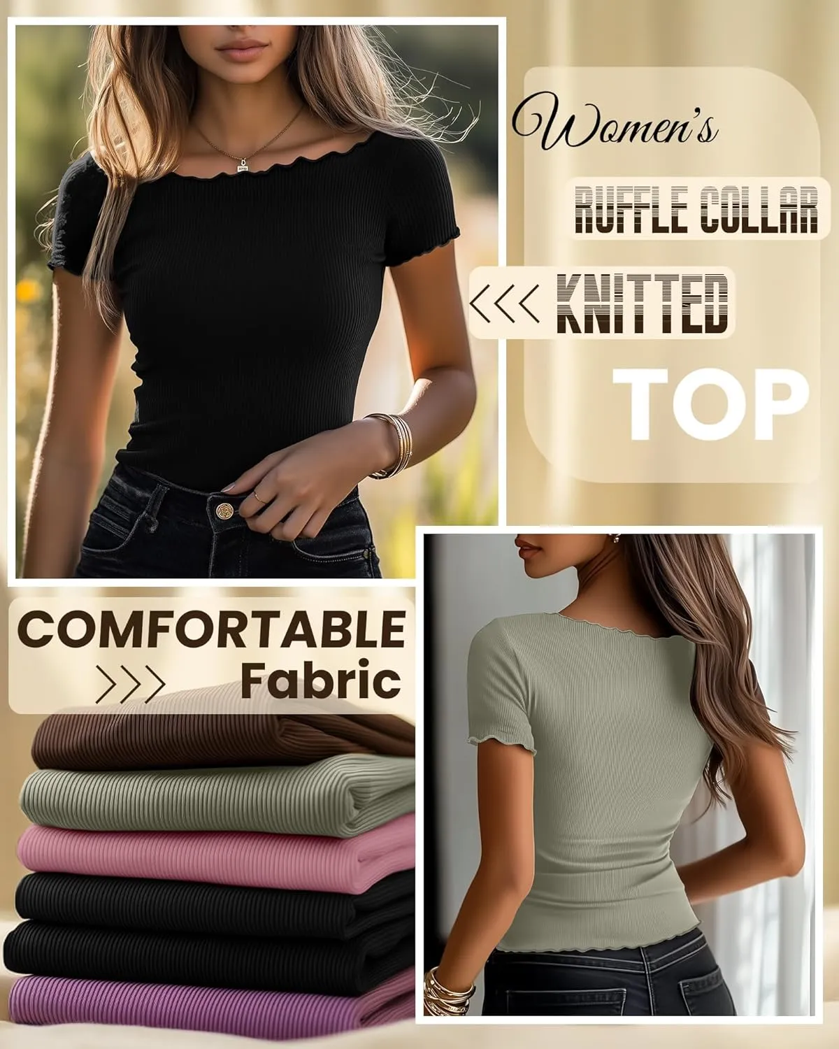 Riyiper 3 Pack Women's Lettuce Trim Boat Neck Tops Ribbed Short Sleeve T-Shirts Crop Slim Fit Summer Basic Tees Shirt