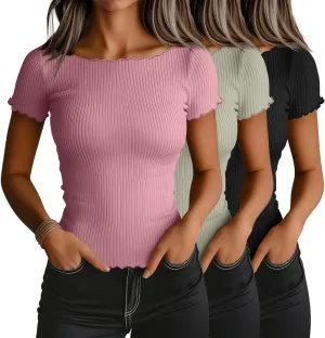 Riyiper 3 Pack Women's Lettuce Trim Boat Neck Tops Ribbed Short Sleeve T-Shirts Crop Slim Fit Summer Basic Tees Shirt