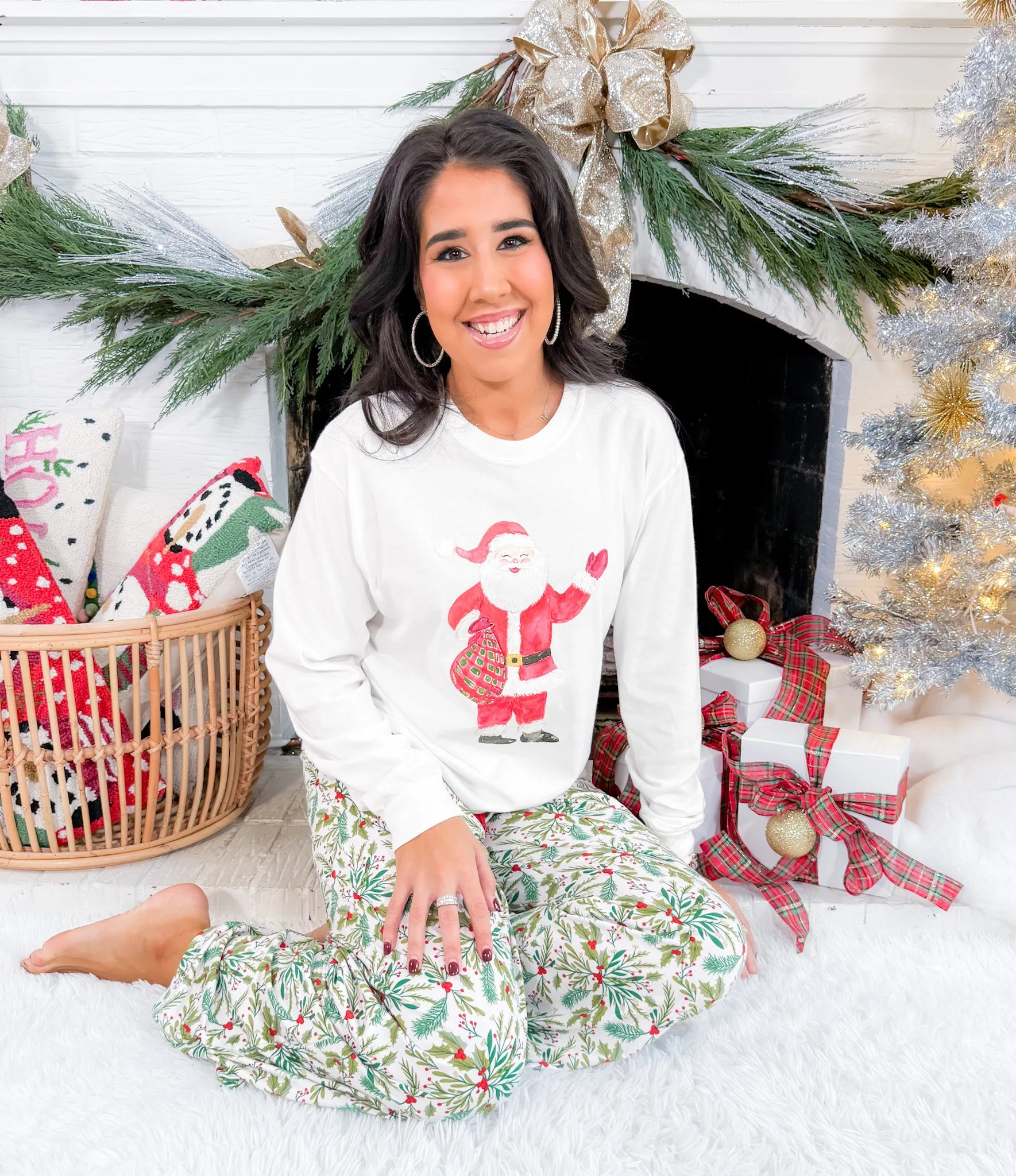 Santa with Plaid Bag Long Sleeve Comfort Colors Tee 