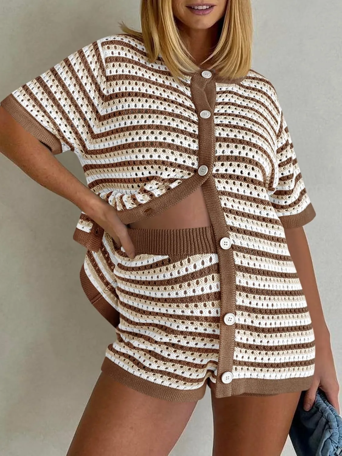 Saodimallsu Womens Crochet Swimsuit Coverup Summer Beach Sets Striped Knit Short Sleeve Button Shirts 2 Piece Short Set