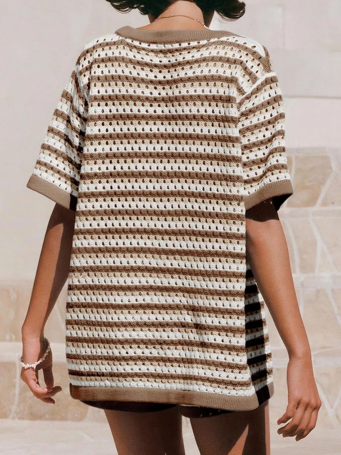 Saodimallsu Womens Crochet Swimsuit Coverup Summer Beach Sets Striped Knit Short Sleeve Button Shirts 2 Piece Short Set