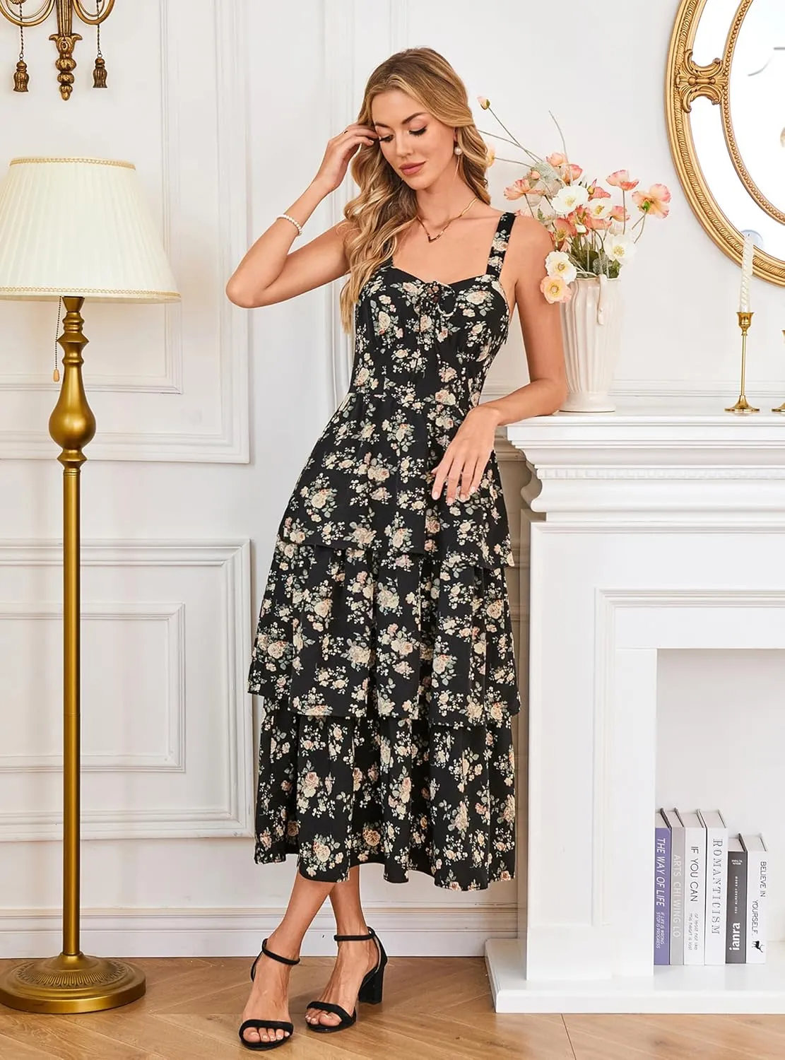 Scarlet Darkness Women's Floral Maxi Dress Summer Wedding Guest Dress Tiered Sleeveless Lace Up Corset Sundress
